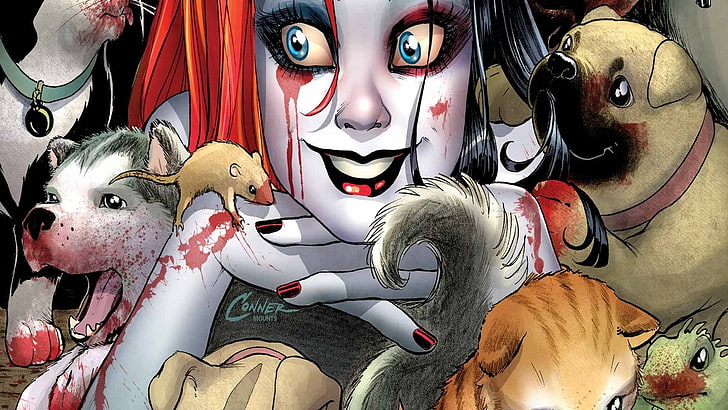 woman and dogs painting, Harley Quinn, DC Comics, comic books
