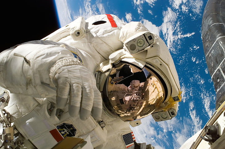 astronaut close up photo, space, NASA, Earth, sky, low angle view