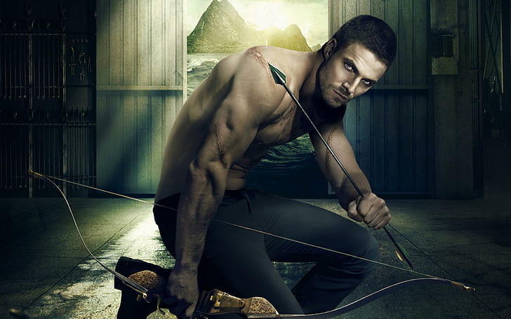 Oliver Queen Green Arrow, man holding bow and arrow illustration