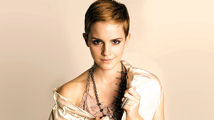 women's white scoop-neck top, Emma Watson, actress, short hair, HD wallpaper