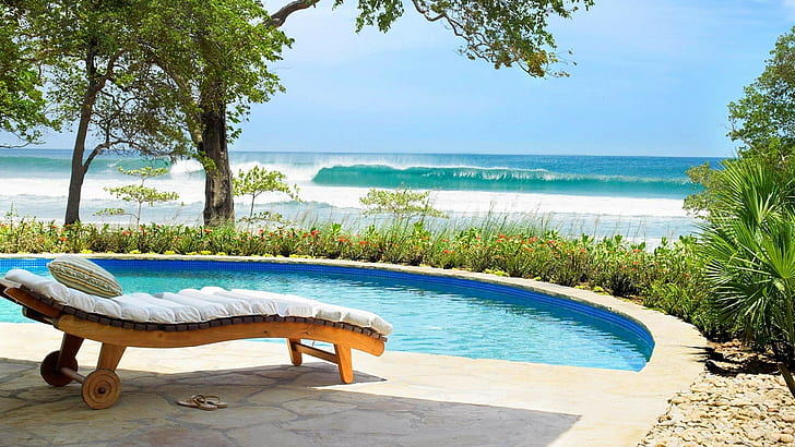 swimming pool, beach, Lounge, vacation, HD wallpaper