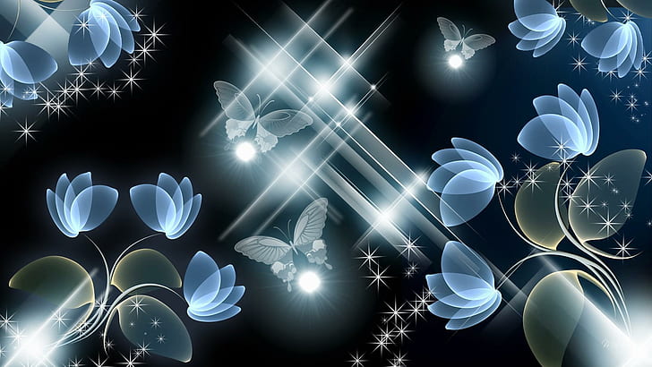 New Blue Radiance, blue, green and gray butterflies and flowers wallpaper
