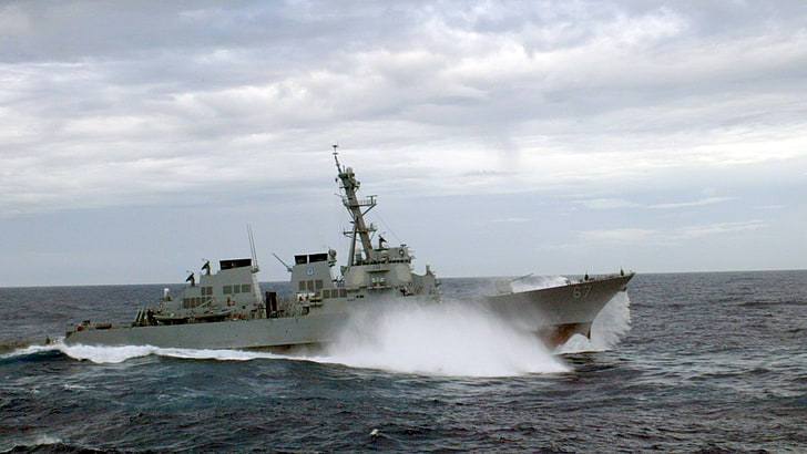 warship, sea, military, vehicle, motion, nautical vessel, cloud - sky, HD wallpaper
