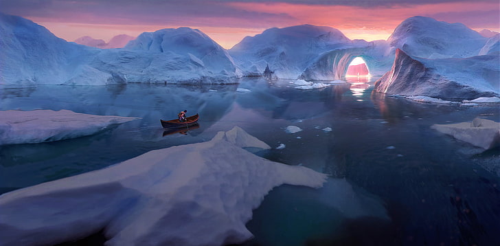 artwork, landscape, Tian Zi, lake, ice, Arctic, iceberg, boat, HD wallpaper
