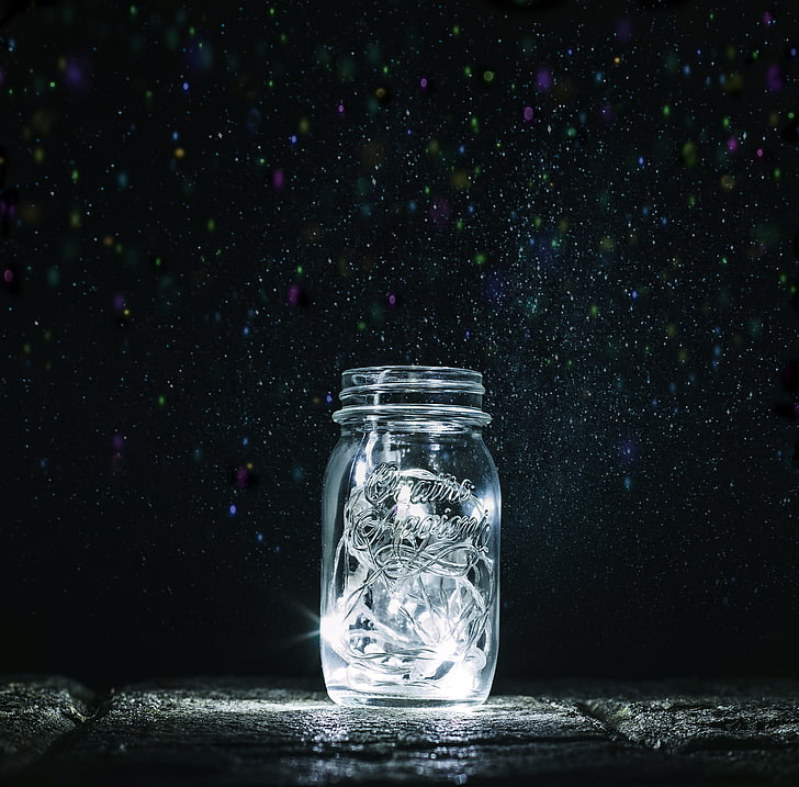 clear glass mason jar, bank, garlands, stars, glitter, fireflies