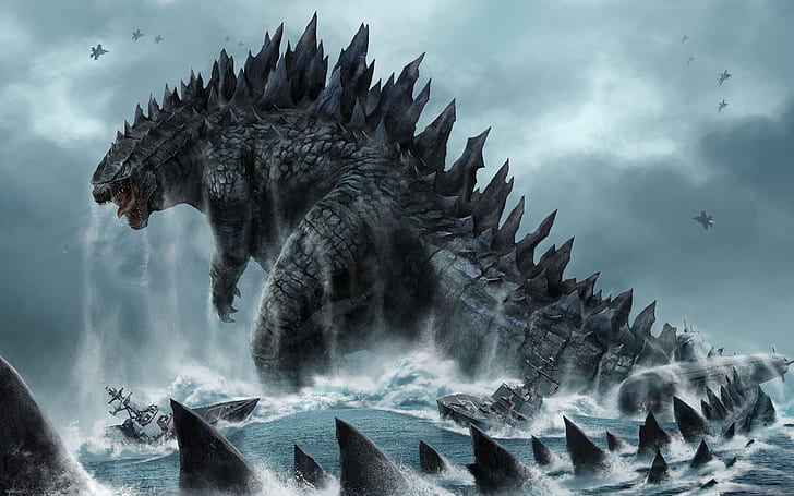 Godzilla Monster Giant Ships Jets HD, movies, HD wallpaper