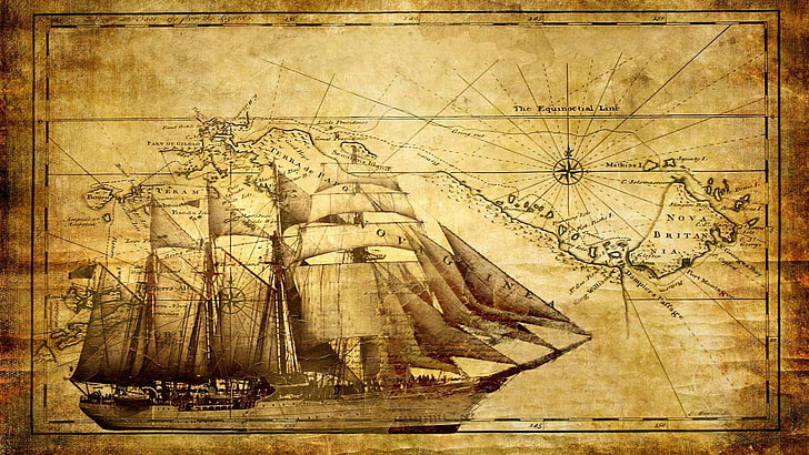 ship chart, map, sailing ship, artwork, vehicle, history, the past, HD wallpaper
