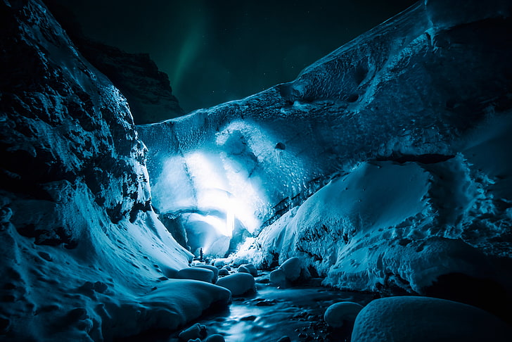 white ice cave, night, nature, cold - Temperature, frozen, blue, HD wallpaper