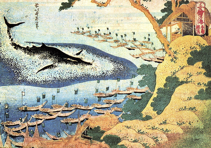 Hokusai, Japan, ink, whale, creativity, art and craft, no people, HD wallpaper