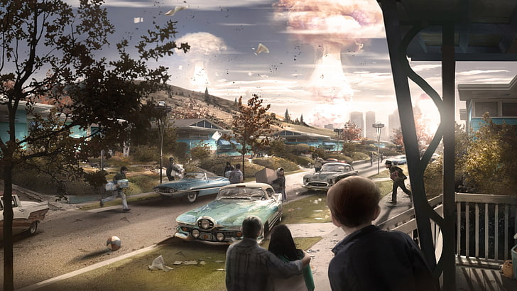 people watching cars painting, Fallout 4, Bethesda Softworks, HD wallpaper