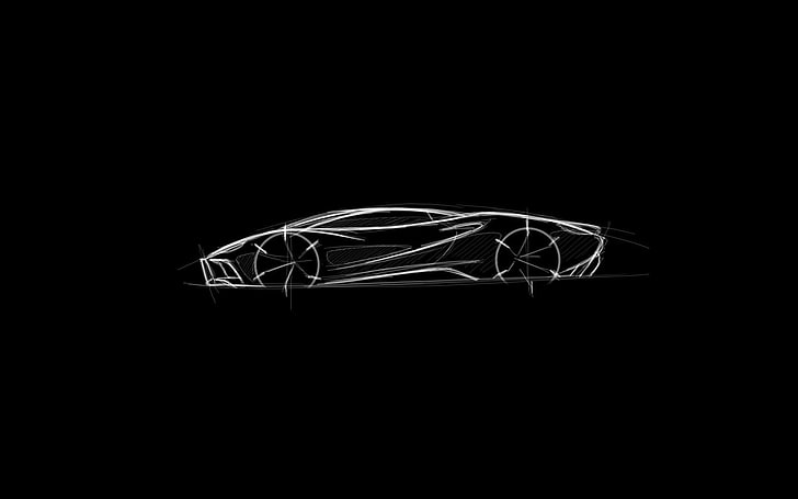digital art minimalism black background sports car car drawing sketches modern white monochrome, HD wallpaper