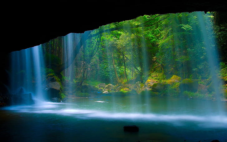 Beautiful scenery, waterfall, river, forest, rock, HD wallpaper