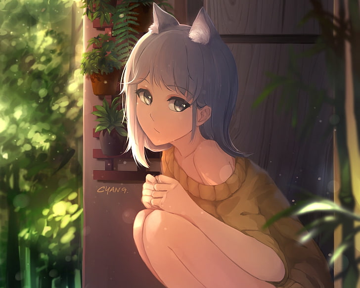 anime girl, neko, cat girl, sitting, short hair, representation, HD wallpaper
