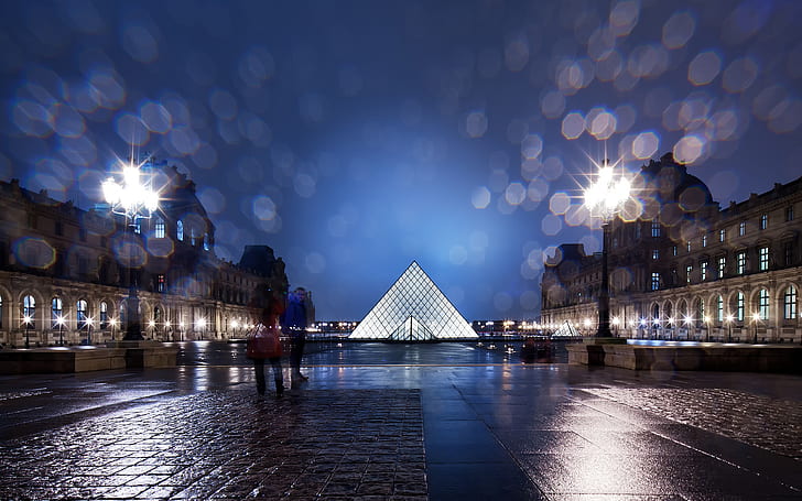 The Louvre Louvre Pyramid Buildings Paris Night Light Bokeh Wet Rain HD, HD wallpaper