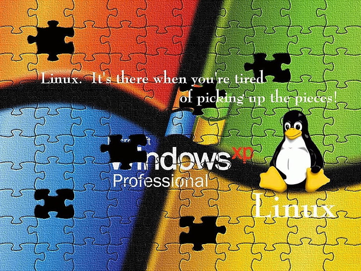 Windows XP logo, Technology, Linux, Penguin, puzzle, no people