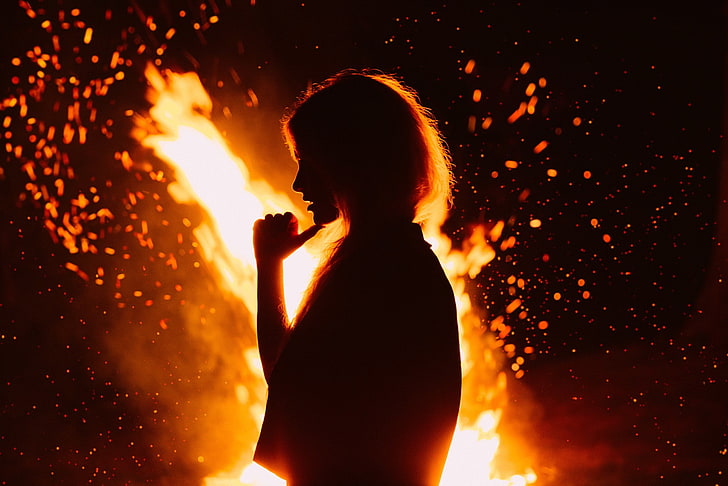 women, silhouette, dark, portrait, fire, sparks, lights, haze, HD wallpaper