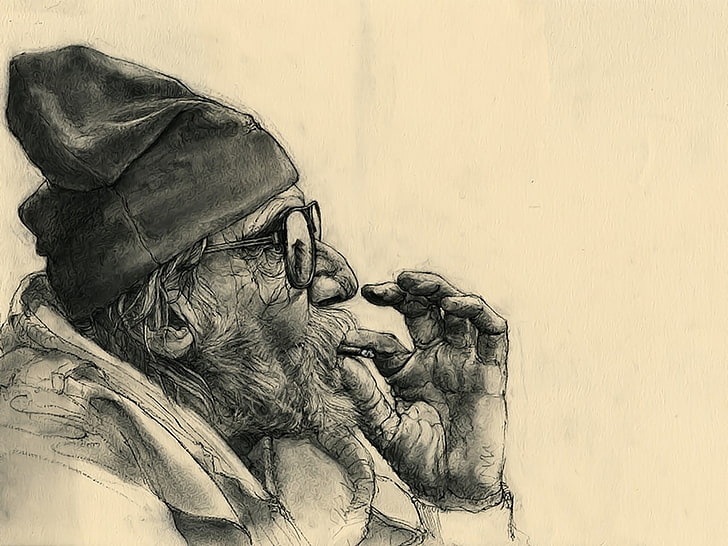 man smoking cigarette sketch, artwork, smoke, old people, cannabis