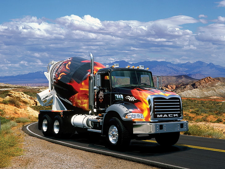 Hd Wallpaper Black And Flame Painted Mack Concrete Truck Cars Trucking Transportation Wallpaper Flare