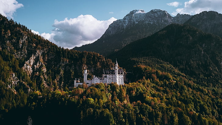 landscape, forest, mountains, castle, clouds, Neuschwanstein Castle, HD wallpaper