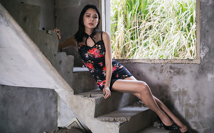 Asian, stairs, women, model, Cheongsam, high heels, miniskirt, HD wallpaper
