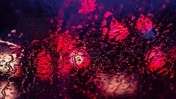 wet glass, red, lights, rain, water on glass, water drops, pink, HD wallpaper