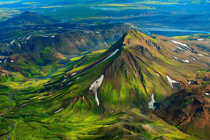 green mountain, nature, landscape, mountains, Iceland, snow, bird's eye view, HD wallpaper