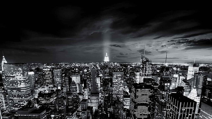 grayscale photo of city buildings, monochrome, New York City