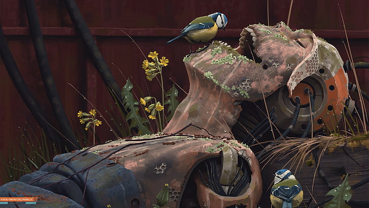 birds, rust, cyberpunk, robot, digital art, metal, Simon Stålenhag, HD wallpaper
