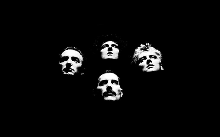 four man face portrait, queen, band, members, faces, background