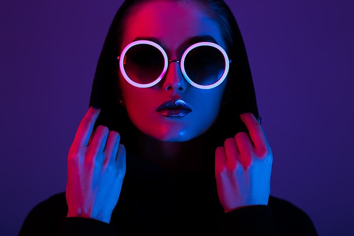 women, neon, sunglasses, lights, red, blue, hoods, colorful