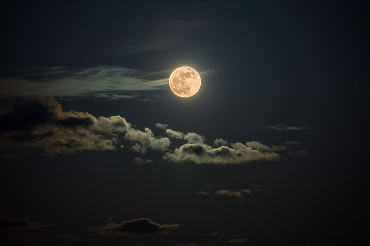 full moon, clouds, night, nature, sky, space, moonlight, astronomy, HD wallpaper