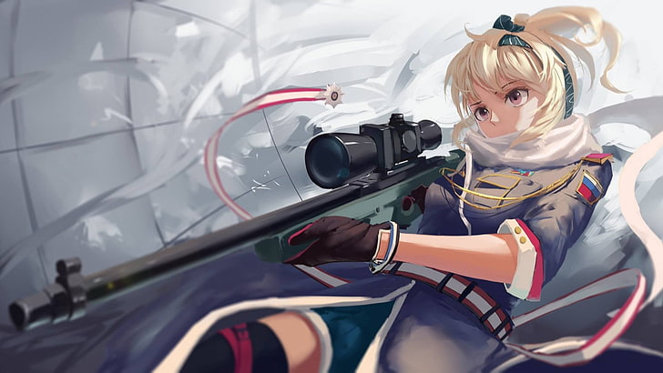 sniper rifle, anime, blond hair, women, one person, mode of transportation, HD wallpaper