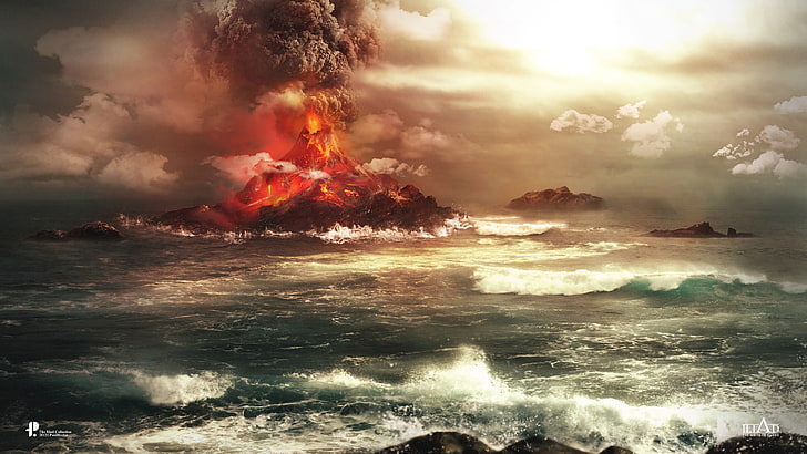 eruptions, lava, water, power in nature, sea, motion, beauty in nature, HD wallpaper