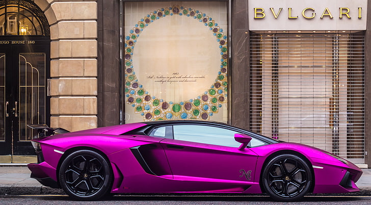purple Lamborghini Aventador coupe, supercar, London, Luxury, HD wallpaper