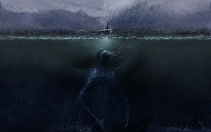 sea monster wallpaper, fantasy art, sea monsters, rain, storm, HD wallpaper