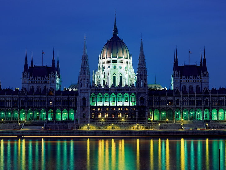 Budapest, Hungary, reflection, lights, architecture, Hungarian Parliament Building