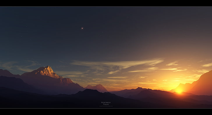 landscape mountain screenshot, mountains, nature, stars, clouds, HD wallpaper