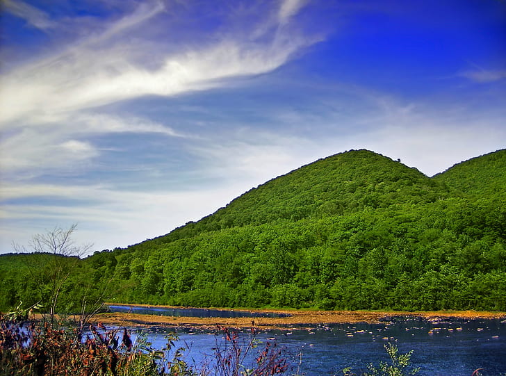 green mountains beside body of water under blue sky, Conical