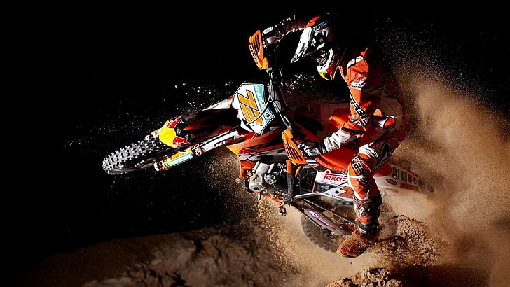 orange and white motocross dirt bike, x-fighters, x-games, sport, HD wallpaper