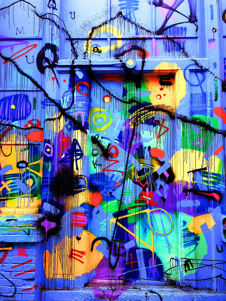 multicolored wall art, door, graffiti, bright, colorful, multi colored