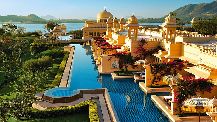 india, pool, oberoi udaivilas, hotel, udaipur, asia, amazing, HD wallpaper