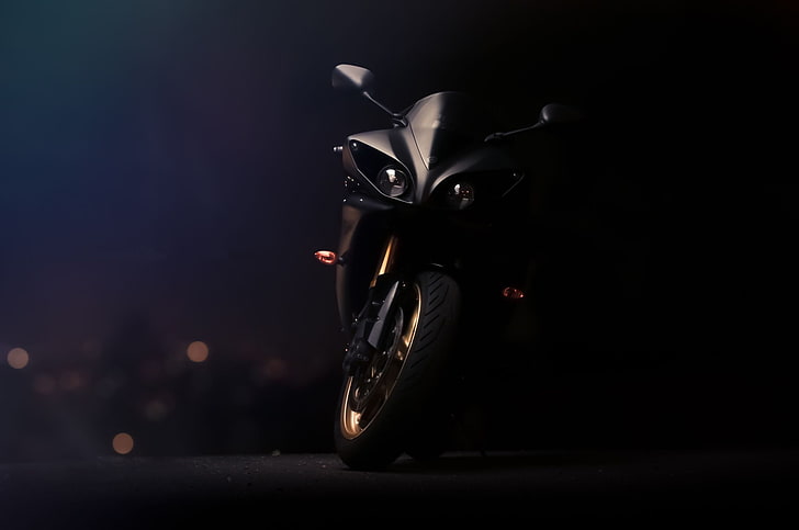 black sport bike, lights, motorcycle, Supersport, front view, HD wallpaper