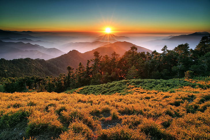 taroko national park, china, china, taiwan, sunset, mountains, fog, HD wallpaper