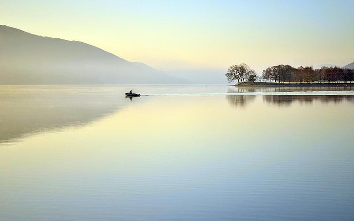 boat, lake, mist, nature, landscape, water, beauty in nature, HD wallpaper