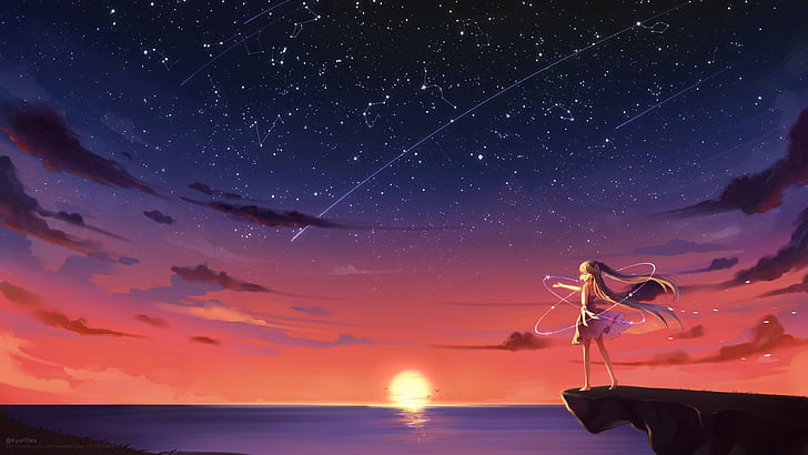 anime girl, hd, 4k, sky, star - space, night, scenics - nature, HD wallpaper