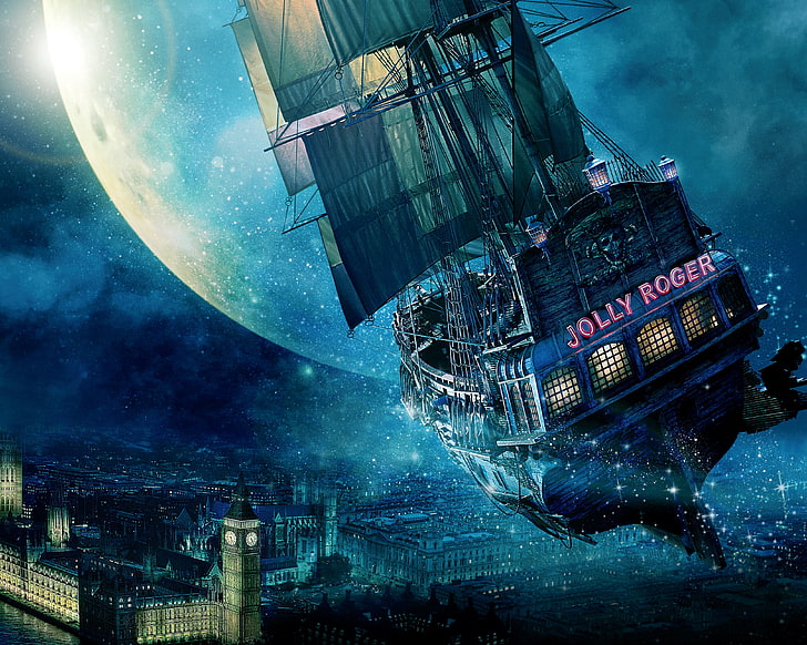 Jolly Roger ship wallpaper, City, Light, Moon, Stars, Tiger, Hugh Jackman, HD wallpaper