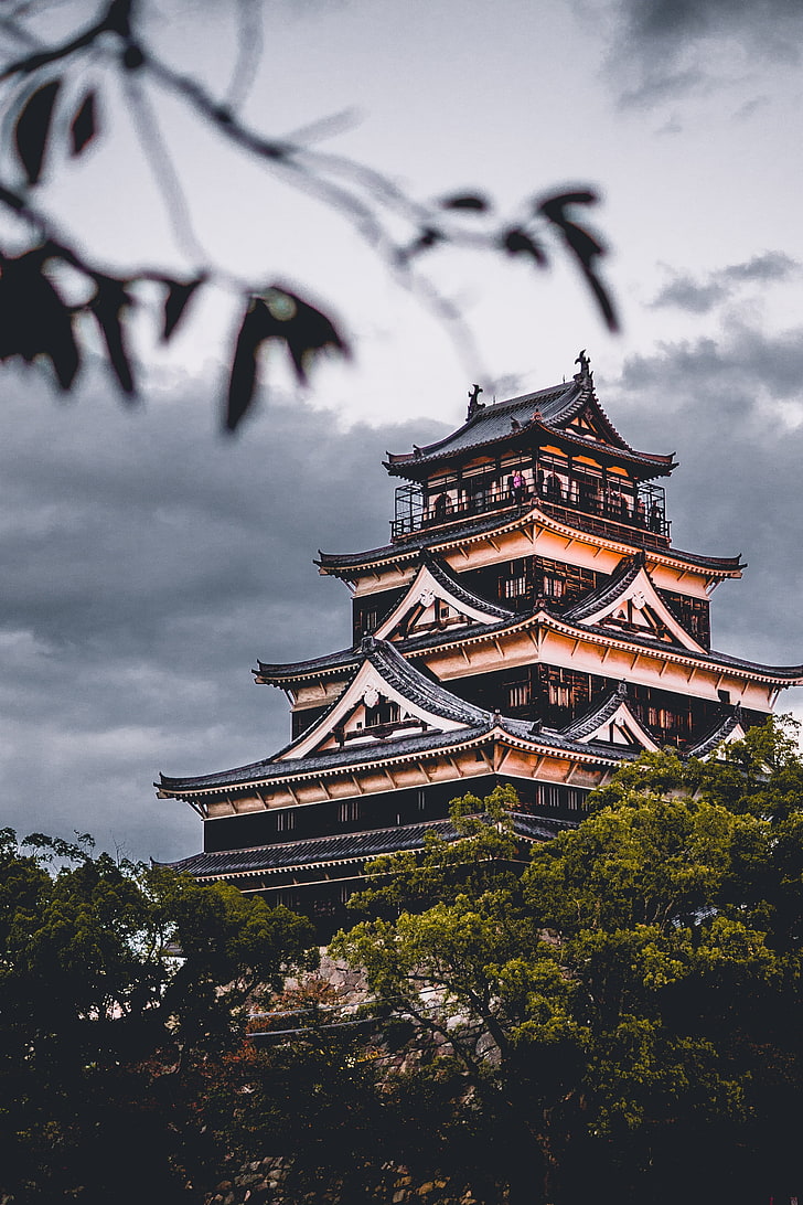 brown 5-storey pagoda, hiroshima castle, japan, architecture, HD wallpaper