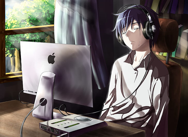 Anime, Headphones, Apple Inc., Man, Sad, HD wallpaper