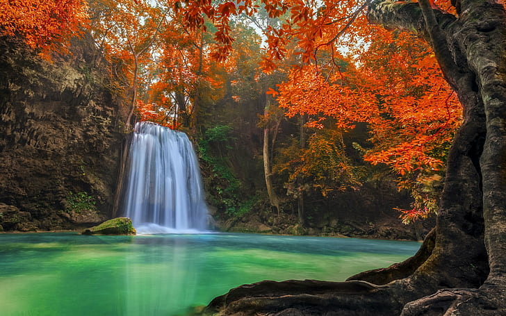 Erawan Waterfall, Thailand, forest, falls near maple tree photo, HD wallpaper
