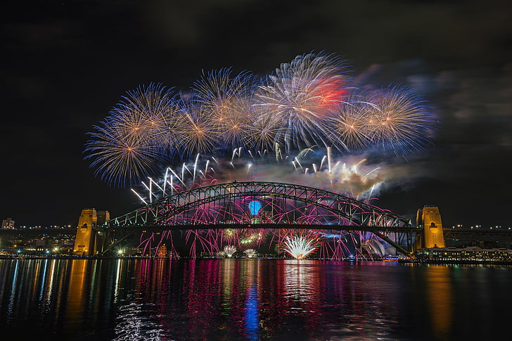 night, bridge, the city, lights, Australia, Sydney, fireworks, HD wallpaper